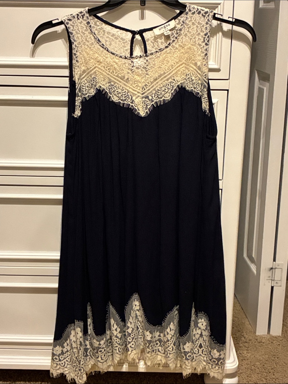 Umgee Navy Dress with Cream Lace Yoke & Hem